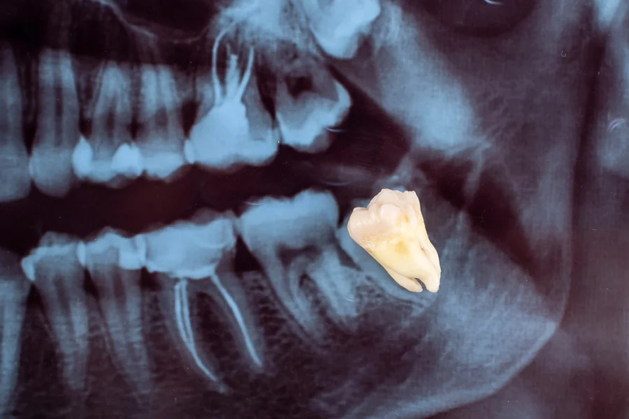 wisdom teeth removal charlotte nc extracted tooth placed over a dental x ray